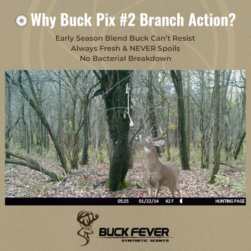 Buck Fever Buck Pix 2,3,4-Piece kit - Synthetic Deer Scent (4 oz Branch Action & 4 oz Dirt Fusion) for Whitetail & Mule - Non-Spoiling Deer Attractant for Outdoor Trail Camera - size: 4 oz (Branch Action)