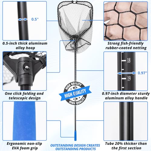 Long Collapsible Landing Net, Large Fishing Net with Telescoping Handle, Foldable, Extendable, Lightweight & Strong, Fish Net with Fish-Friendly Mesh for a Safe Release