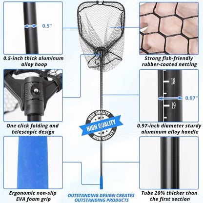 Long Collapsible Landing Net, Large Fishing Net with Telescoping Handle, Foldable, Extendable, Lightweight & Strong, Fish Net with Fish-Friendly Mesh for a Safe Release