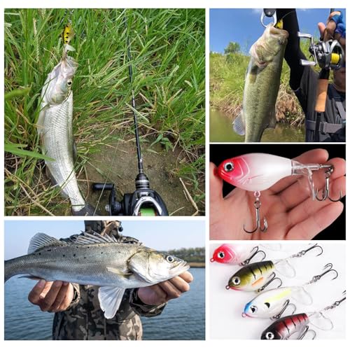 10Pcs Top Water Fishing Lures with Floating Rotating Tail Whopper Fishing Lure for Bass Barb Treble Hooks in Saltwater Freshwater Plopping Lures Kit