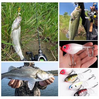 10Pcs Top Water Fishing Lures with Floating Rotating Tail Whopper Fishing Lure for Bass Barb Treble Hooks in Saltwater Freshwater Plopping Lures Kit