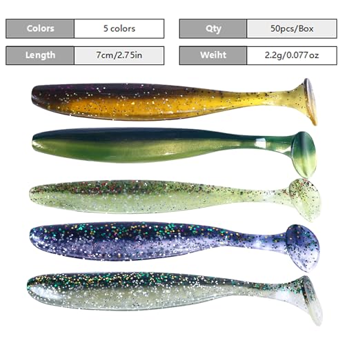 Fishing Soft Plastic Lures, Paddle Tail Swim Baits for Bass Fishing,Paddle Tail Swimbaits for for Bass Trout Walleye Lures, 30/50pcs Soft Plastic Baits with Box - color: B:2.75in/0.077oz-50pcs