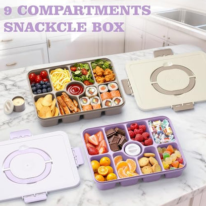 Snackle Box Container, Divided Serving Tray with Lid and Handle, 9 Compartments Snack Box Container for Adults, Portable Charcuterie Serving Platter for Candy Fruit, 9.9 Cups, Lavender - color: Lavender