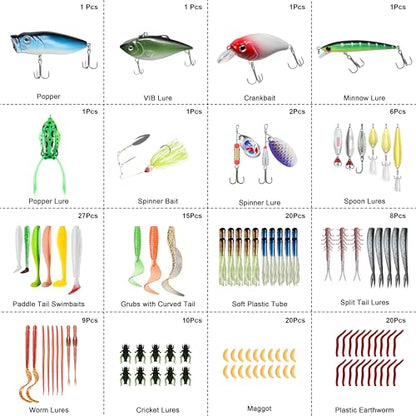 TRUSCEND Complete Fishing Lures - Tackle Box with Tackle Included - Crankbaits, Minnows, Frogs, Vibes, Poppers, Spinners, Spoons, Soft Baits, Hooks & Weights Accessories Kit for Bass Panfish Trout - color: D-340pcs Premium Kit