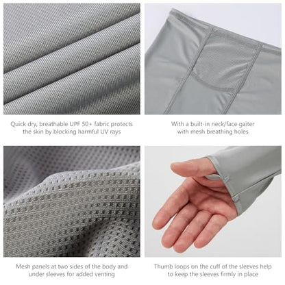 BASSDASH UPF 50+ Men’s Long Sleeve Fishing Shirt with Mask UV Neck Gaiter Hoodie - color: Ash Grey, size: 5X-Large