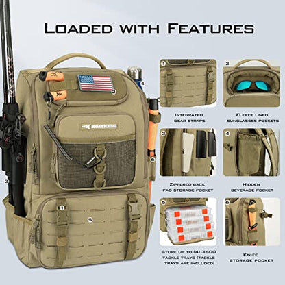 KastKing KarryAll Fishing Tackle Backpack with Rod Holder 4 Tackle Boxes,40/26L Tackle Bag Storage Fishing Gear and Equipment - color: B: Large (40 L) - Khaki