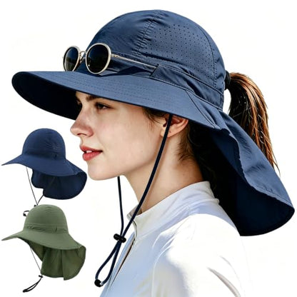 2Pack Sun Hat for Men Women with Neck Flap | UPF 50+ Wide Brim and Ponytail Hole Hiking Fishing Bucket Hat - color: 2pcs-navy&green