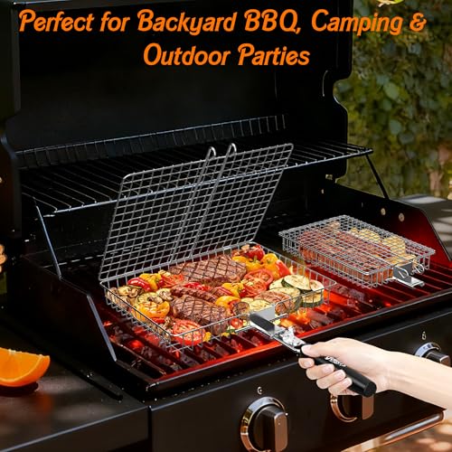 Grill Baskets for Outdoor Grill, 2PCS BBQ Grilling Basket with Removable Wooden Handle, Stainless Steel Camping Cooking Grill Accessories for Meat Fish Vegetable Seafood, Gifts for Men Dad Husband (Silver)