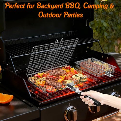 Grill Baskets for Outdoor Grill, 2PCS BBQ Grilling Basket with Removable Wooden Handle, Stainless Steel Camping Cooking Grill Accessories for Meat Fish Vegetable Seafood, Gifts for Men Dad Husband (Silver)