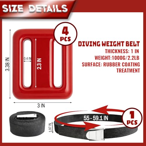 4 Pcs Scuba Weight Belt,Diving Weight Belt with Metal Block Buckle Coated Dive Weights Nylon Dive Belt Suitable for Free Diving - color: Red, size: 2.2lb