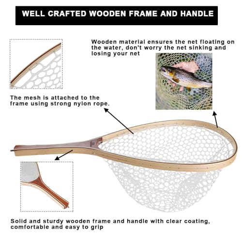 Kylebooker Fly Fishing Landing Net Wooden Frame Trout Fishing Net Soft Rubber Mesh for Catch and Release - color: Round Shape-Round Hole