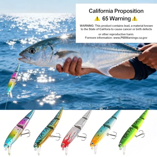 Whopper Fishing Lure for Bass：Popper Top Water Fishing Lures with Floating Rotating Tail Barb Treble Hooks Saltwater Freshwater Plopping Lures Kit - color: 5pcs 3 Jointed