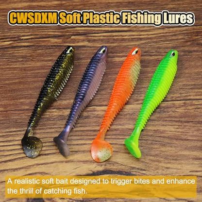 3D Eyes Paddle Ribbed Bait, 2.5in 3in 4.1in Soft Plastic Paddle Tail Swimbaits Fishing Lures for Bass Fishing Freshwater Saltwater 12/20/25 PCS - color: Green, size: 3in(8cm)-20PCS