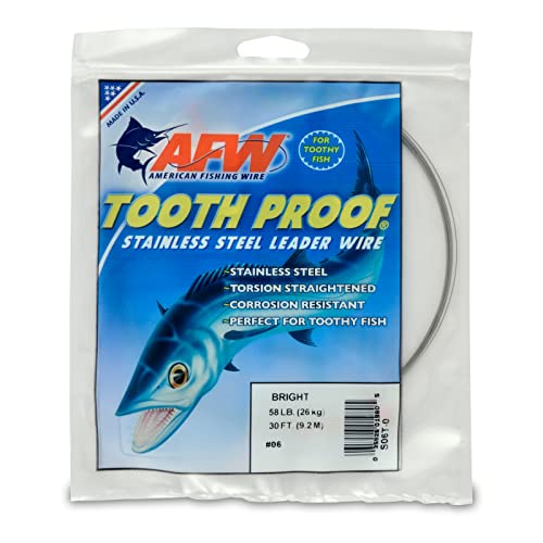 AFW Tooth Proof Stainless Steel Single Strand Hard Leader Wire - Bright and Camo for Shark, Barracuda, King Mackerel, Wahoo, Snook Bite Protection for Toothy Critters, Rigging Baits and Lures - color: Bright, style: #6, 58 Lb Test, 30 Ft