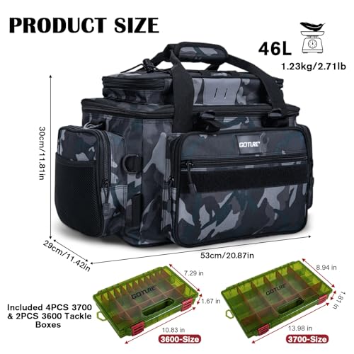 Goture Fishing Tackle Bag with 4pcs 3700 & 2pcs 3600 Tackle Boxes, 600D Water-Resistant Soft Side Saltwater Gear Storage Fishing Bag with Rod Straps, Detachable Water Bottle Pouch, Waterproof Bottom - color: C3:Camo with (4)3700&(2)3600 Tackle Boxes, size