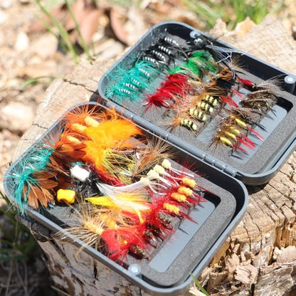 EXAURAFELIS Flying Flies kit Fishing Gear Fishing Lure 64/100/120PCS Dry Wet Flies Tackle Box Fly FishingLures for Bass Salmon Trout Freshwater Walleye Steelhead Bonefish Tarpon Saltwater - color: 64 pcs