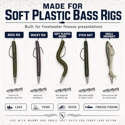 Screw-in Nail Weights for Bass Fishing, 50/70pcs Lead Insert Sinkers, Neko Rig Weights, Wacky Worm Weights, Soft Plastic Worm Weights for Stick Baits, Small Swimbaits, Finesse Lure Tuning Kit - size: 50Pcs-5 Size