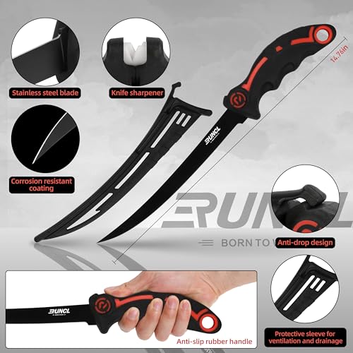 RUNCL 4pc Fishing Tool Kit- Fishing Pliers, Fish Fillet Knife with Sharpener, Fish Lip Gripper, Fishing Braid Scissors, Saltwater Fishing Gear and Equipment with Sheath/Lanyard, Fishing Gifts for Men - size: 9 inch