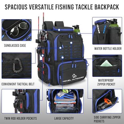 Large Fishing Backpack with 4 Tackle Boxes - Waterproof Fishing Tackle Backpack with Fishing Rod Holder - Heavy Duty 43L Fishing Tackle Box for your Fishing Lures and Fishing Gear