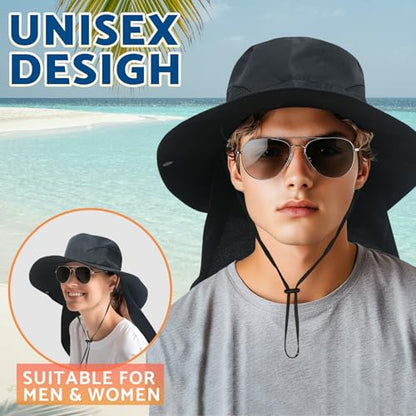 NPJY Sun Fishing Hats with Neck Flap for Men Women UV Sun Protection Safari Hat Wide Brim Bucket Hat - color: Pure Khaki(neck Flap)