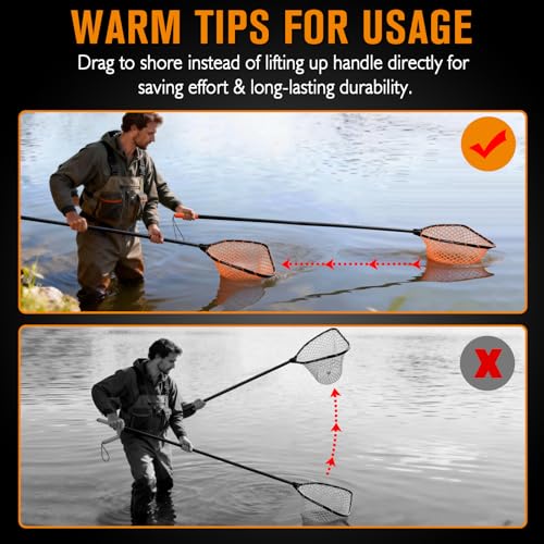 Dovesun Rubber Fishing Landing Nets Telescopic Handle Nets Folding Nets with Collapsible Handle for Catch & Release Fishing Gift 17.6" dia-13.7" Depth Black/Orange - color: Black