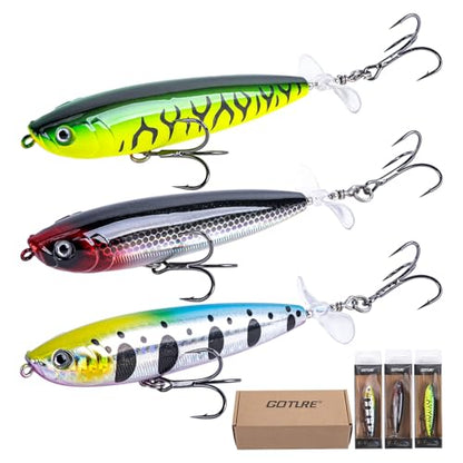 Goture Topwater Fishing Lures, Bass Popper Lure Kit, Top Water Plopper Fishing Lures with Double Blade Rotating Tail, Floating Lure for Freshwater Saltwater Bass Walleye Pike Catfish, Gifts for Men
