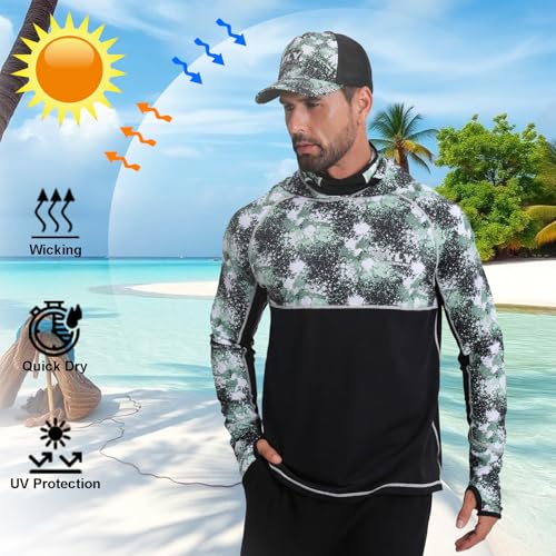 Men's Performance Fishing Shirts,Sun Protection Hoodie Long Sleeve UPF 50+ Hiking Shirt with Mask Cap - color: Dark Green, size: X-Large