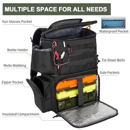 MATEIN Fishing Backpack, Water Resistant Tackle Storage Bag with Rod Holders & Cooler, Fishing Gifts for Men - color: Black - Large