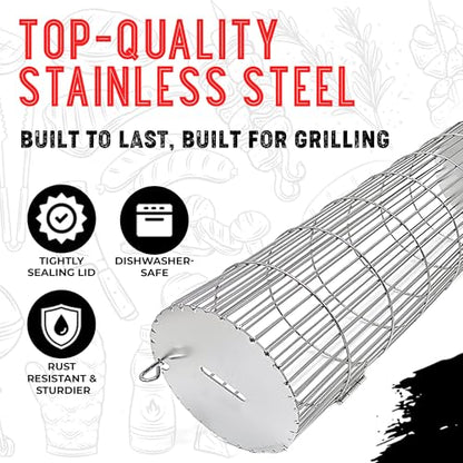 SHIZZO Extra Sturdy Rolling Grill Basket, Removable Handle, Set of 2 | Grilling Rack, Stainless Steel, Outdoor Camping accessories BBQ Net, Griller for Fish, Vegetables, Gifts for Men Dad Husband