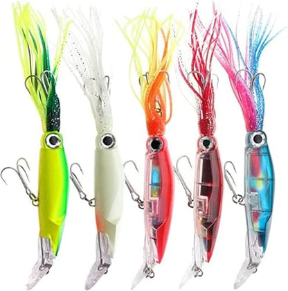 Squid Fishing Lures Large Simulation Luminous Artificial Lures Baits with 3D Holographic Eyes & Treble Hook, Built in Lead Blocks, Lifelike Plastic Fishing Soft Lures for Saltwater Fishing - style: Squid-5pcs
