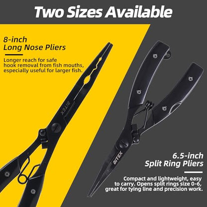 BiteX Saltwater Long Nose Fishing Pliers with Braid Cutter & Hook Remover | Titanium-Coated Stainless Steel, Extended Reach, Better Control, Deep-Set Hook Remover, One-Hand Operation, Lanyard & Sheath