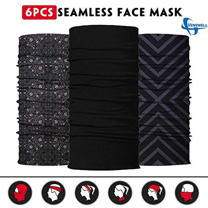 Venswell Neck Gaiter Face Mask Men Women,Seamless Bandana Rave Face Cover Scarf Mask,Balaclava,Headband, Head Wrap,Headwear - color: A-black Series 1