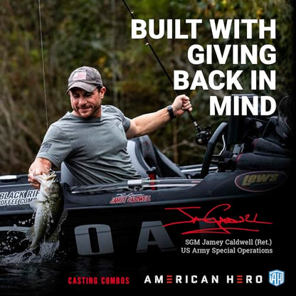 Lew’s American Hero Camo Baitcast Reel and Fishing Rod Combo, IM7 Graphite Rod, 5+1 Bearings, 7.5:1 Gear Ratio, One-Piece Graphite Frame, Camo/Black