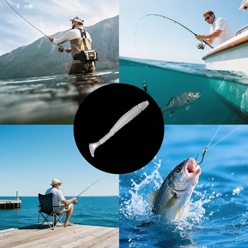 50PCS 5cm Soft Plastic Fishing Lures, PVC Paddle Tail Swimbaits for Bass Trout Walleye Crappie, T-Tail Grub Worm Baits Tackle Accessory - color: White