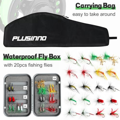 PLUSINNO Fly Fishing Rod and Reel Combo, 4 Piece Lightweight Ultra-Portable Graphite Fly Rod 5/6 Complete Starter Package with Carrier Bag