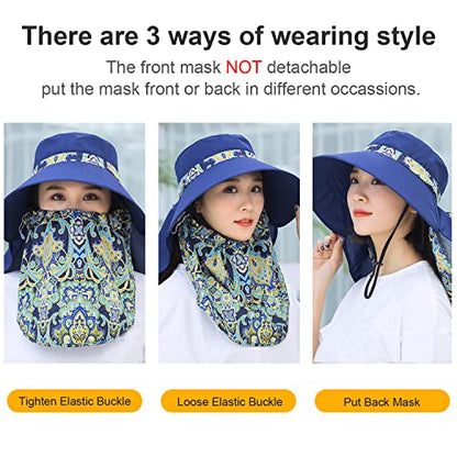 Women Wide Brim Face Mask Sun Hat Detachable Neck Face Flap Ponytail UV Protection Visor Hat Garden Fishing Hiking - color: M9099-navy