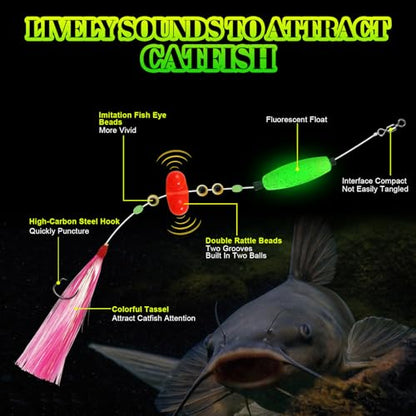 4Pcs Catfish Rigs Ready Kit, Pre-Rigged Float Rigs with Glow Floats & Flash Teaser, Dual Rattling Beads & Strong Circle Hooks, Adjustable for Freshwater and Saltwater Night Fishing