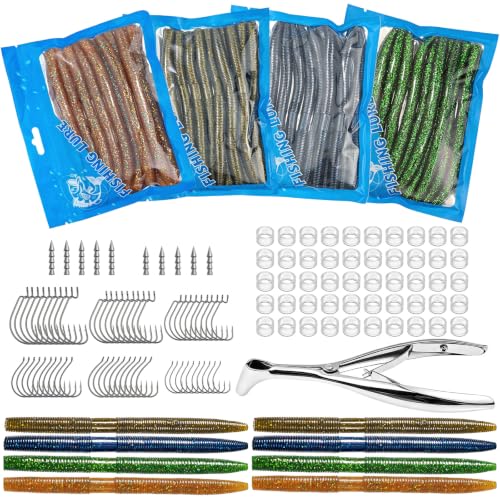 Wacky Worms for Bass Fishing, Fableblis 161Pcs 5.5" Soft Plastic Fishing Lures Kits, Fishing Worm Baits with Wacky Rig Tool, Thick O-Rings, Hooks, Weights, Complete Starter Kit for Freshwater Fishing
