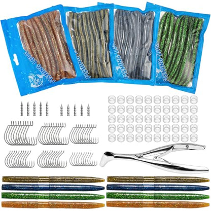 Wacky Worms for Bass Fishing, Fableblis 161Pcs 5.5" Soft Plastic Fishing Lures Kits, Fishing Worm Baits with Wacky Rig Tool, Thick O-Rings, Hooks, Weights, Complete Starter Kit for Freshwater Fishing
