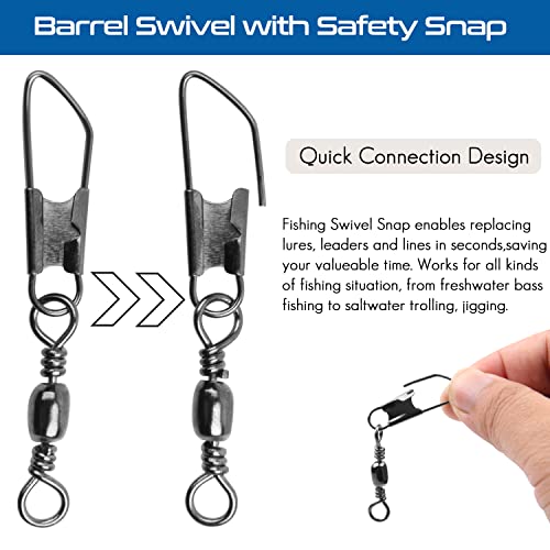 AGOOL Barrel Swivel Snap Kit - 50pcs Barrel Swivels with Safety Snaps High Strength Fishing Quick Connect Snap Swivels with Solid Ring Fishing Tackle Accessories Box Kit Size 4#,6#,8#,10#,12#,14# - color: 50pcs-black
