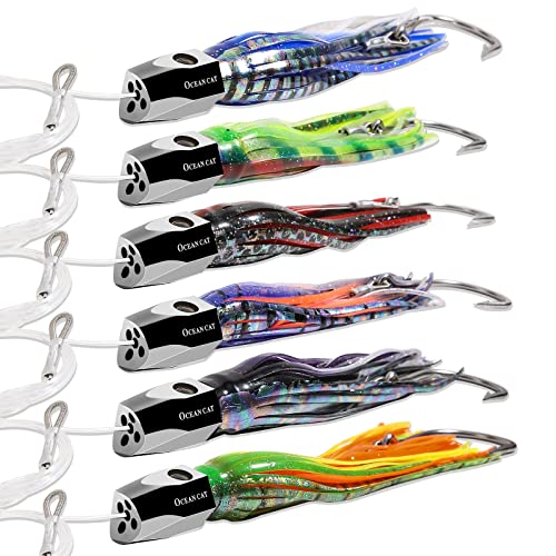 OCEAN CAT Saltwater Trolling Lure for Marlin Tuna Mahi Dolphin Durado Wahoo Trolling Lures Free Mesh Bag Offshore Big Game Lures - color: 8.5 in - Weighted Head - 6pcs