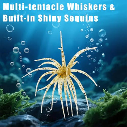 JSCARLIFE Sea Urchin Soft Fishing Lures 4Pcs, 2.75” Floating TPE Swimbait with Flash Sequins, Multi-Tentacle Bass Trout Lure for Freshwater Saltwater - color: Yellow