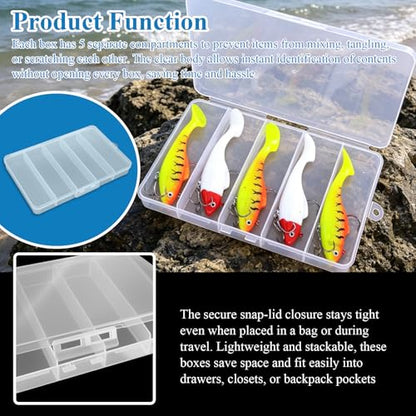 5 Pack 5-Grid Clear Plastic Fishing Tackle Accessory Box, 7" x 4.5" x 0.86" | Ideal for Fishing Hooks/Lures/Plastics, Also Fits Jewelry, Board Game Storage, Screws, Bobby Pins & DIY Crafts Beads Earrings