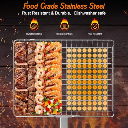Grill Baskets for Outdoor Grill, 2PCS BBQ Grilling Basket with Removable Wooden Handle, Stainless Steel Camping Cooking Grill Accessories for Meat Fish Vegetable Seafood, Gifts for Men Dad Husband (Silver)