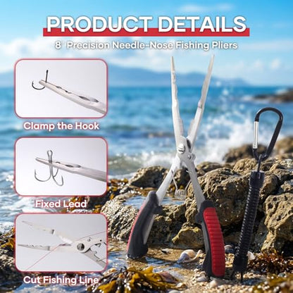 Saltwater Fishing Pliers - Stainless Steel Needle Nose Pliers, Hook Remover & Line Cutter with Non-Slip Handle, Fishing Tool for Freshwater & Saltwater