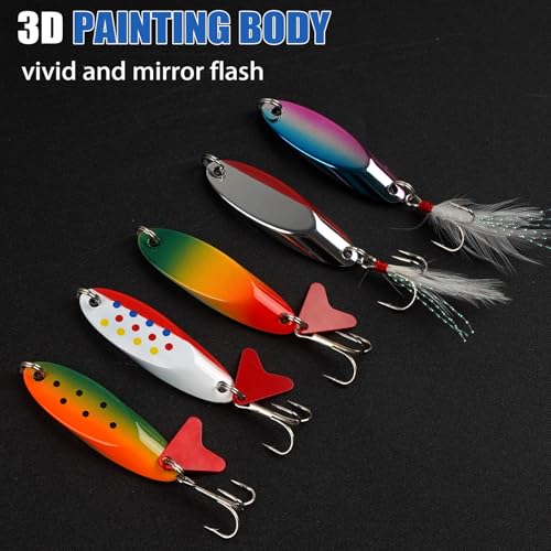 Fishing Spoons Lures Kit Hard Metal Spinner Baits with Treble Hooks, Casting Trout Spoons Jigging Lure for Bass Salmon Pike Walleye Freshwater Saltwater Fishing Lures - size: 3/8oz-5pcs