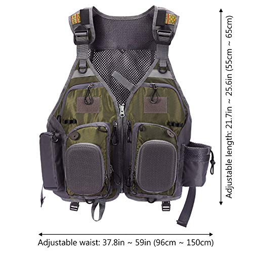 BASSDASH Strap Fishing Vest Adjustable for Men and Women, for Fly Bass Fishing and Outdoor Activities - color: Army Green With Hard Shell Flies Pockets