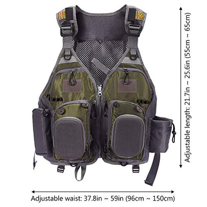 BASSDASH Strap Fishing Vest Adjustable for Men and Women, for Fly Bass Fishing and Outdoor Activities - color: Army Green With Hard Shell Flies Pockets