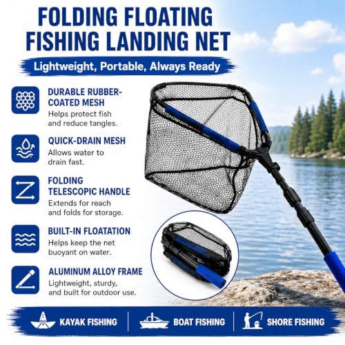 Foldable Fishing Landing Net and 12L Collapsible Water Bucket Set, Portable 2-in-1 Fishing Gear for Anglers, Extendable Anti-Tangle Fish Net with Folding Bucket for Shore, Dock, Boat and Camping