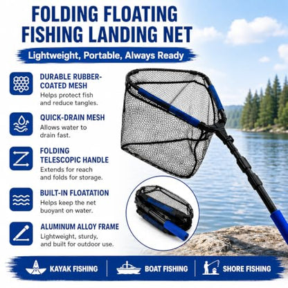 Foldable Fishing Landing Net and 12L Collapsible Water Bucket Set, Portable 2-in-1 Fishing Gear for Anglers, Extendable Anti-Tangle Fish Net with Folding Bucket for Shore, Dock, Boat and Camping
